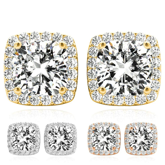 1.25CTW Lab-Grown Diamond 14K Real Gold Yellow White Rose Square Halo Stud Earrings