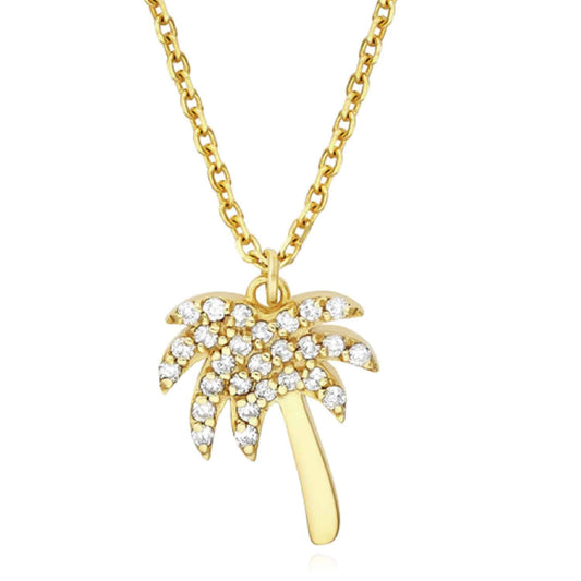 0.14CTW Real Diamond 14K Real Gold Palm Tree Pendant 16"-18" Chain Adjust.