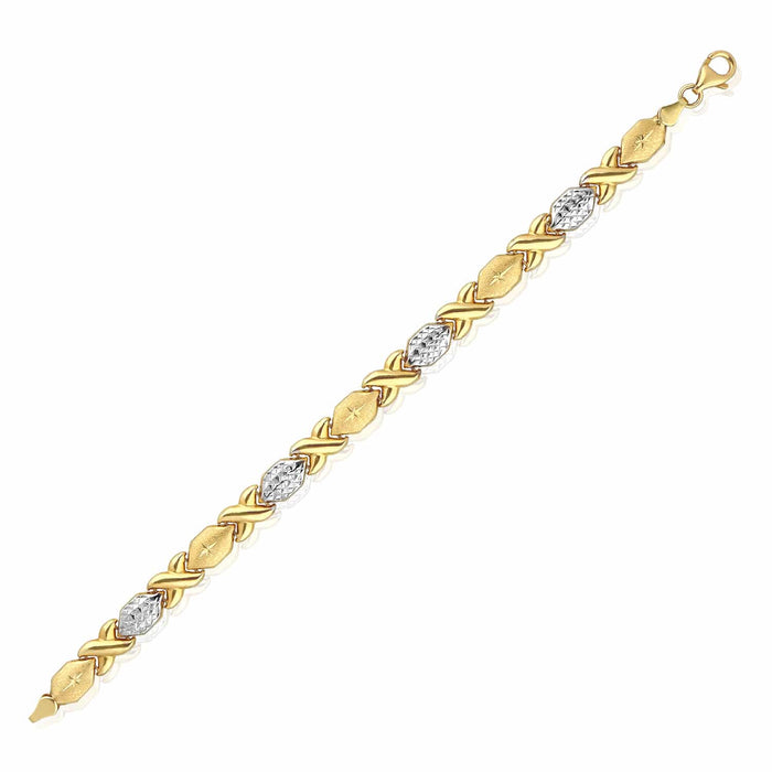 14K Yellow White Two - Tone Gold 7mm Satin Stampato XO Bracelet (Hollow) 7.25" - WJD Exclusives