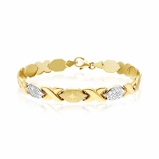 14K Real Gold Two-Tone Yellow White 7mm Satin Stampato XO Bracelet 7.25"
