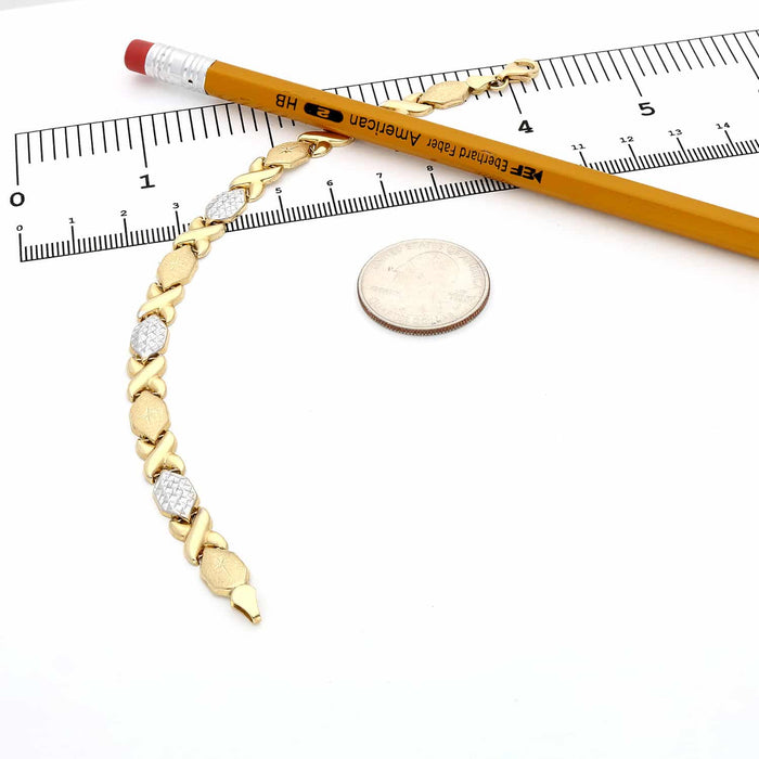 14K Yellow White Two - Tone Gold 7mm Satin Stampato XO Bracelet (Hollow) 7.25" - WJD Exclusives