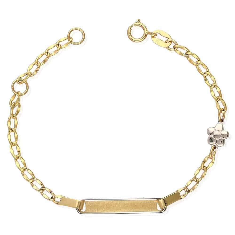 Kid's 14K Real Gold Cuban Flower Charm ID Bracelet 4.5"-5.25" Adjustable