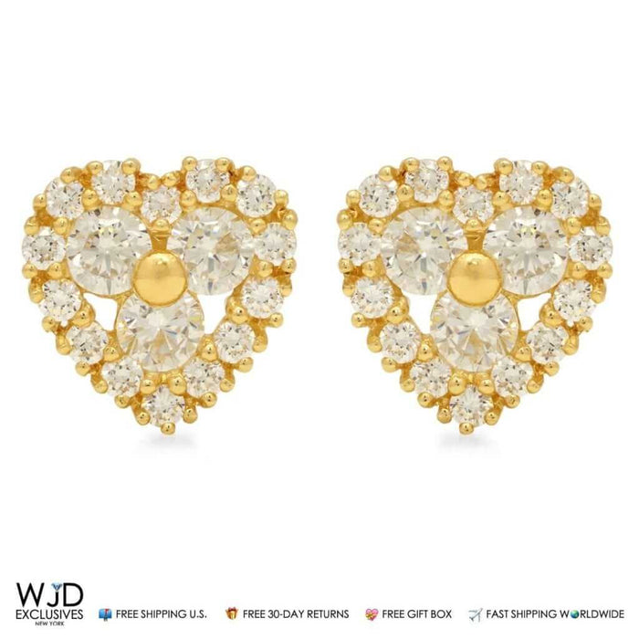 1.20Ct CZ Cluster Heart Stud Earrings 14K Yellow Gold Push Back