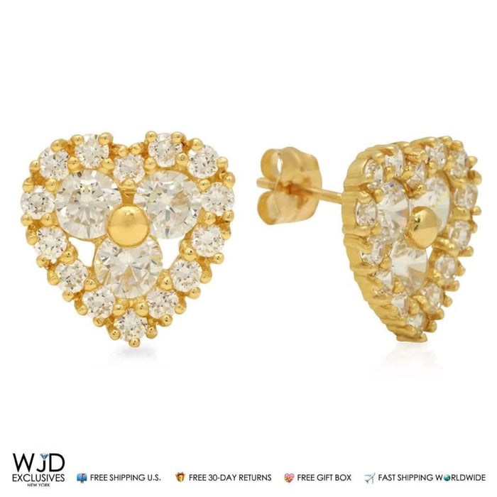 1.20Ct CZ Cluster Heart Stud Earrings 14K Yellow Gold Pushback