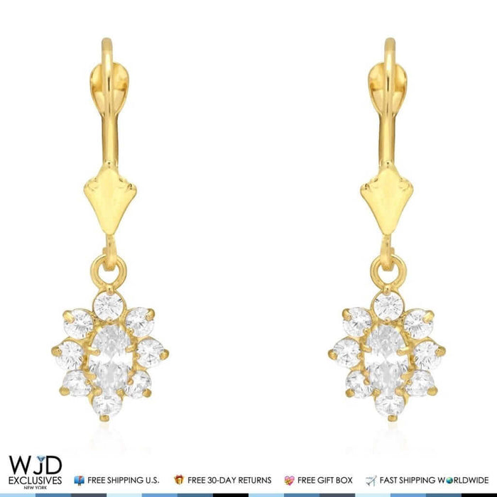 1.20Ct CZ Flower Shaped Dangle Leverback Earrings 14K Yellow Gold