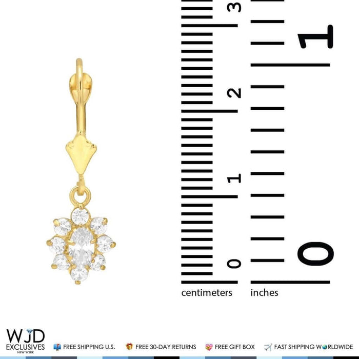 1.20Ct CZ Flower Shaped Dangle Leverback Earrings 14K Yellow Gold