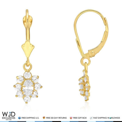 1.20Ct CZ Flower Shaped Dangle Leverback Earrings 14K Yellow Gold