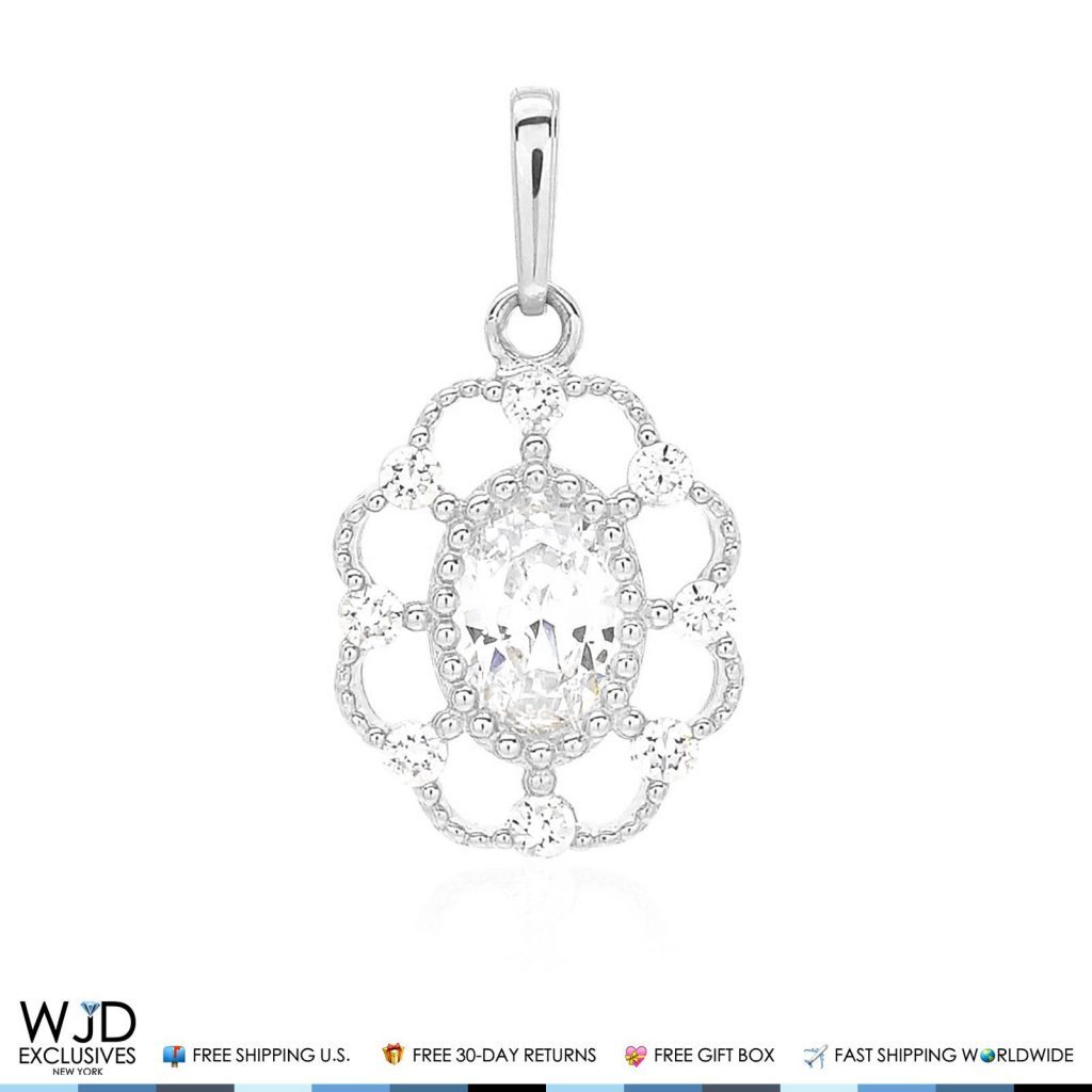 14K White Gold 1.20Ct CZ Flower Halo Charm Pendant