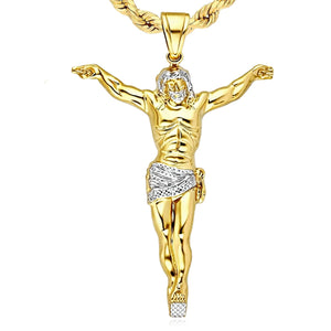 10K Gold Two-Tone Yellow White Gold Jesus Crucifix Pendant 1.57"-3.62"