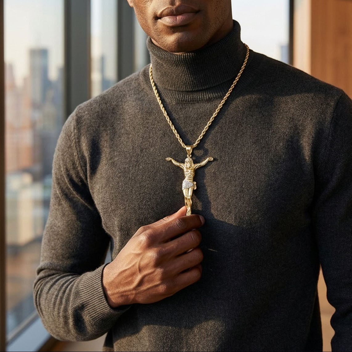 10K Gold Two-Tone Yellow White Gold Jesus Crucifix Pendant 1.57"-3.62"