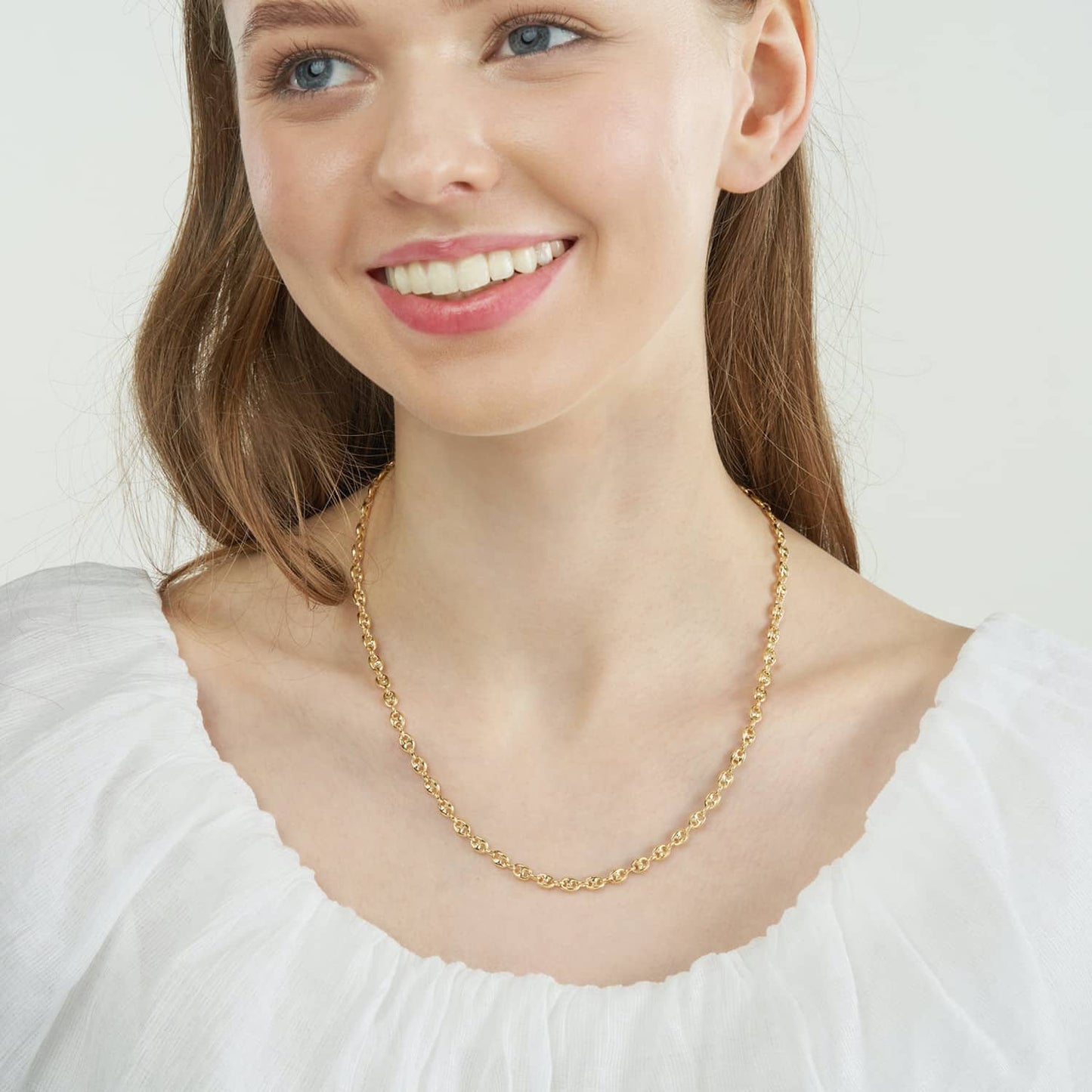 14K Real Gold 4.5mm Puffed Anchor Mariner Chain Necklace 18"-24"