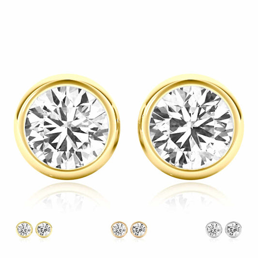 2CTW Lab-Grown Diamond 14K Real Gold Yellow White Rose Bezel Stud Earrings 6mm