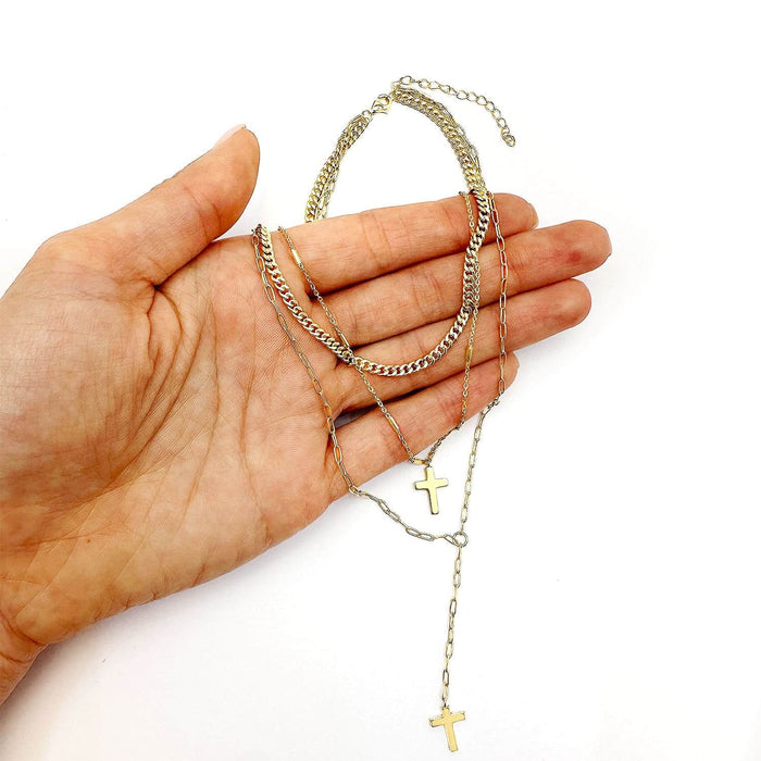 Sterling Silver 2 Cross Paperclip Cuban Curb Bar Station Necklace (Solid Links) 15" - 17" Adjustable - WJD Exclusives