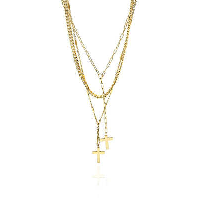 Sterling Silver 2 Cross Paperclip Cuban Curb Bar Station Necklace (Solid Links) 15" - 17" Adjustable - WJD Exclusives