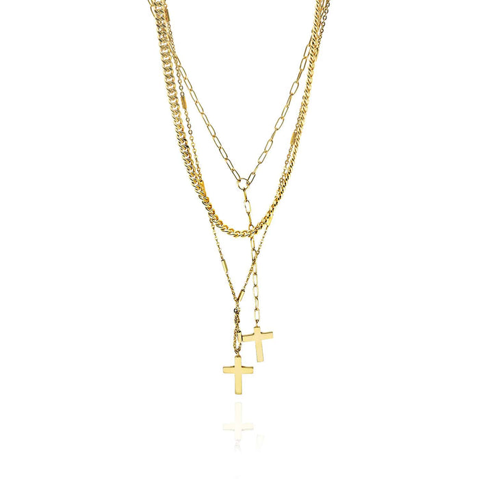 Sterling Silver 2 Cross Paperclip Cuban Curb Bar Station Necklace (Solid Links) 15" - 17" Adjustable - WJD Exclusives