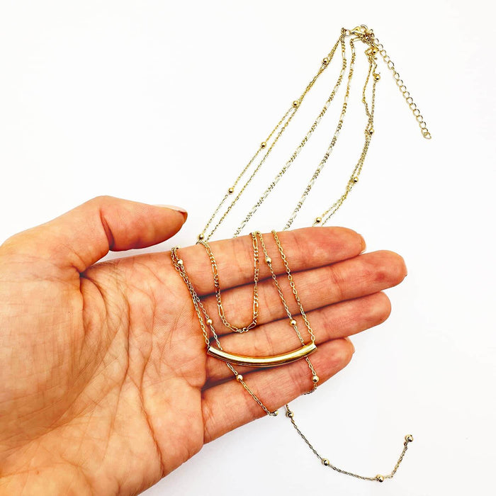 Sterling Silver Curved Bar Three Layered Chains Necklace (Solid Links) 15" - 17" Adjustable - WJD Exclusives