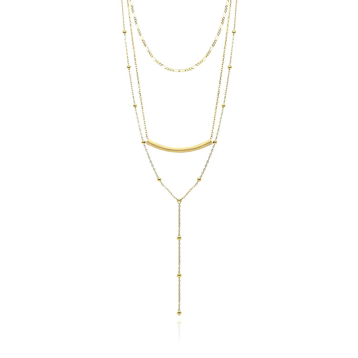 Sterling Silver Curved Bar Three Layered Chains Necklace (Solid Links) 15" - 17" Adjustable - WJD Exclusives