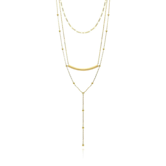 Sterling Silver Curved Bar Three Layered Chains Necklace (Solid Links) 15" - 17" Adjustable - WJD Exclusives
