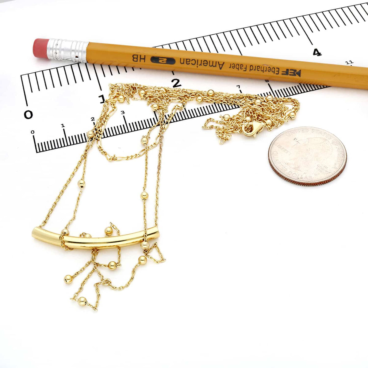 Sterling Silver Curved Bar Three Layered Chains Necklace (Solid Links) 15" - 17" Adjustable - WJD Exclusives