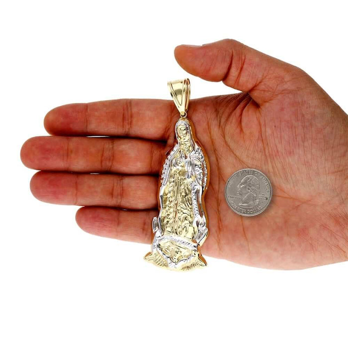 10K Yellow Gold Diamond-Cut Guadalupe Virgin Mary Pendant 4"