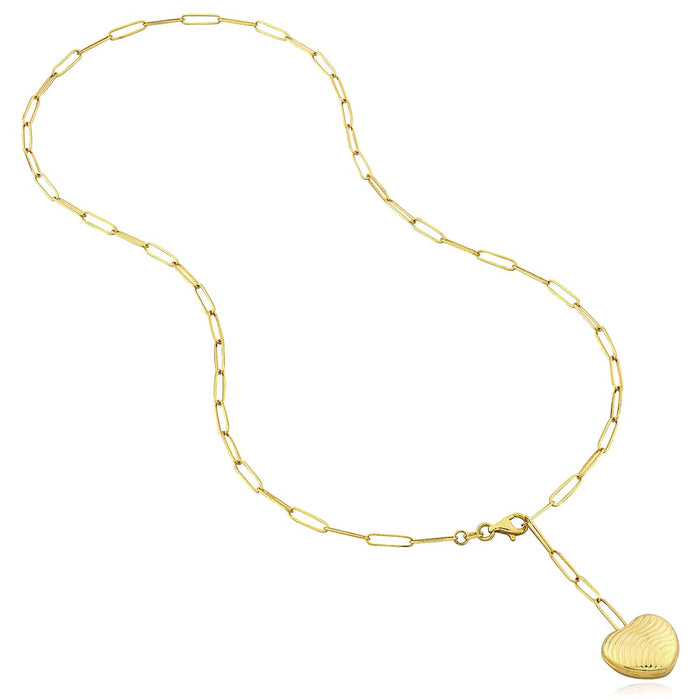 14K Yellow Gold 2.6mm Paperclip Wavy Texture Puff Heart Necklace (Solid Links) 19.5" - WJD Exclusives