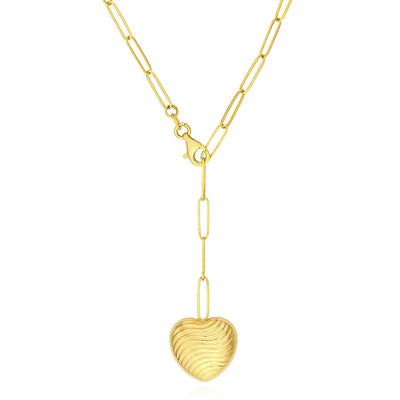 14K Yellow Gold 2.6mm Paperclip Wavy Texture Puff Heart Necklace (Solid Links) 19.5" - WJD Exclusives