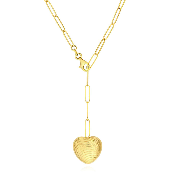 14K Yellow Gold 2.6mm Paperclip Wavy Texture Puff Heart Necklace (Solid Links) 19.5" - WJD Exclusives
