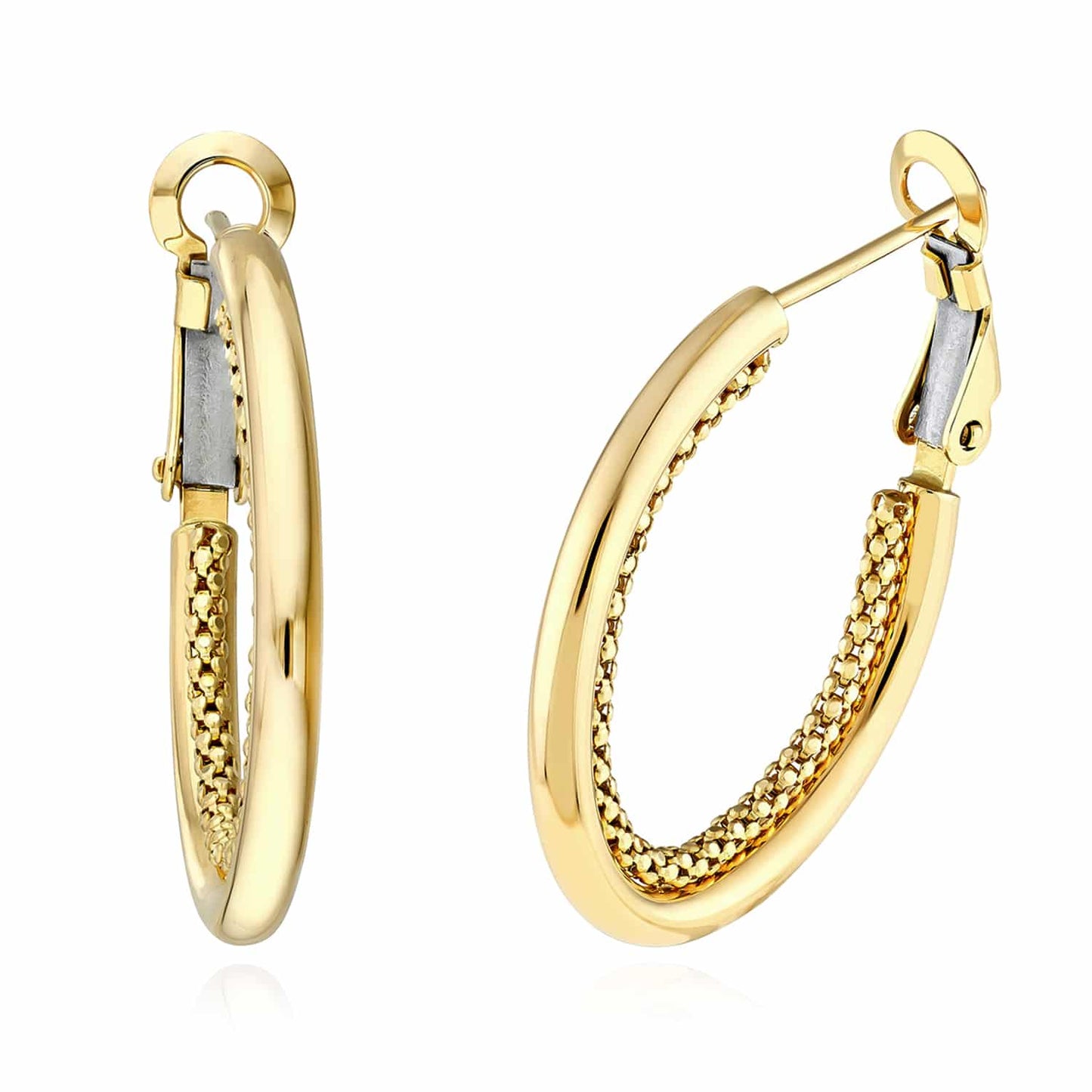 14K Real Gold Popcorn Double Hoop Omega Earrings 25mm