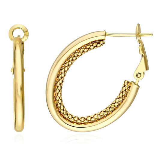 14K Real Gold Popcorn Double Hoop Omega Earrings 25mm