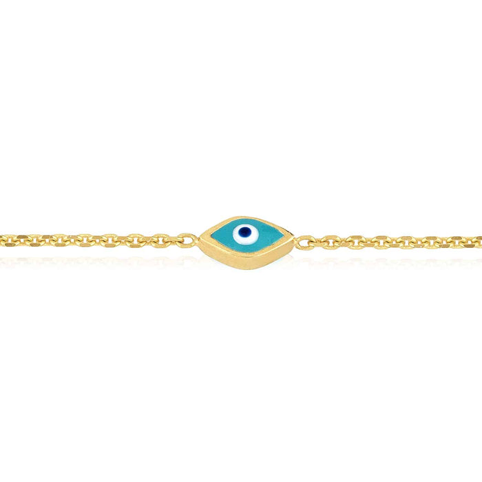 14K Yellow Gold Turquoise Evil Eye Station Bracelet (Solid Links) 6.25" - 7.25" Adjustable - WJD Exclusives