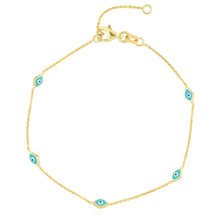 14K Yellow Gold Turquoise Evil Eye Station Bracelet (Solid Links) 6.25" - 7.25" Adjustable - WJD Exclusives