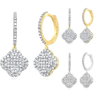 0.75CTW Natural Diamond 10K Gold Yellow White Clover Hoop Earrings 24mm - WJD Exclusives