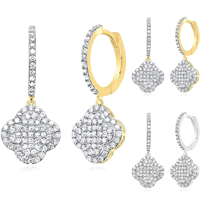 0.75CTW Natural Diamond 10K Gold Yellow White Clover Hoop Earrings 24mm - WJD Exclusives