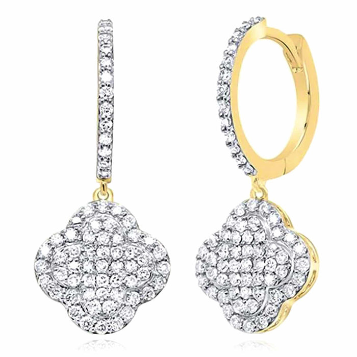 0.75CTW Natural Diamond 10K Gold Yellow White Clover Hoop Earrings 24mm - WJD Exclusives