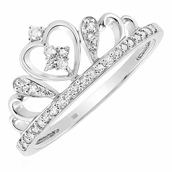0.15CTW Natural Diamond Sterling Silver Round Crown Tiara Heart Cocktail Ring Size 7 - WJD Exclusives