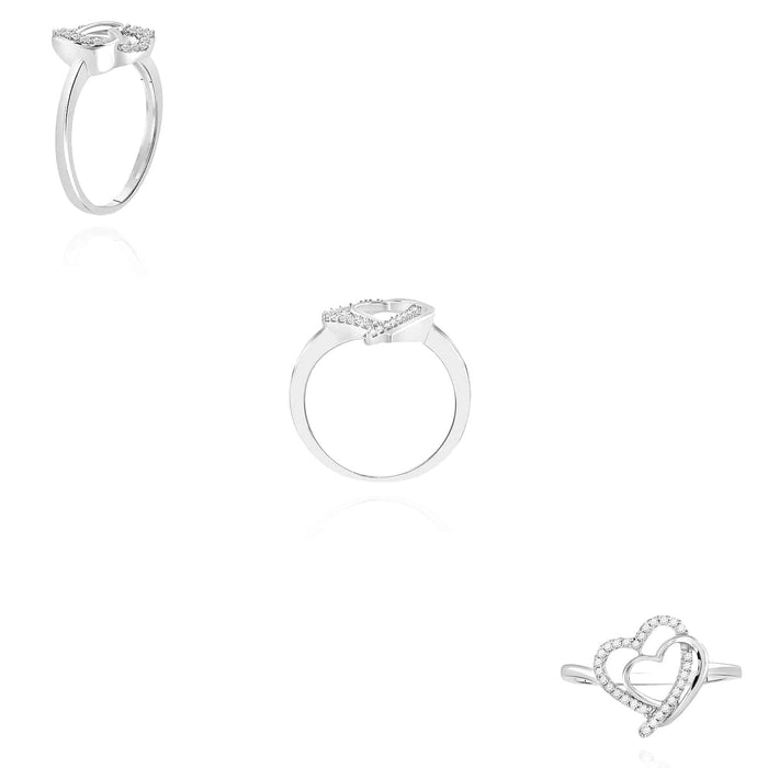 0.15CTW Natural Diamond Sterling Silver Double Heart Cocktail Ring Size 7 - WJD Exclusives
