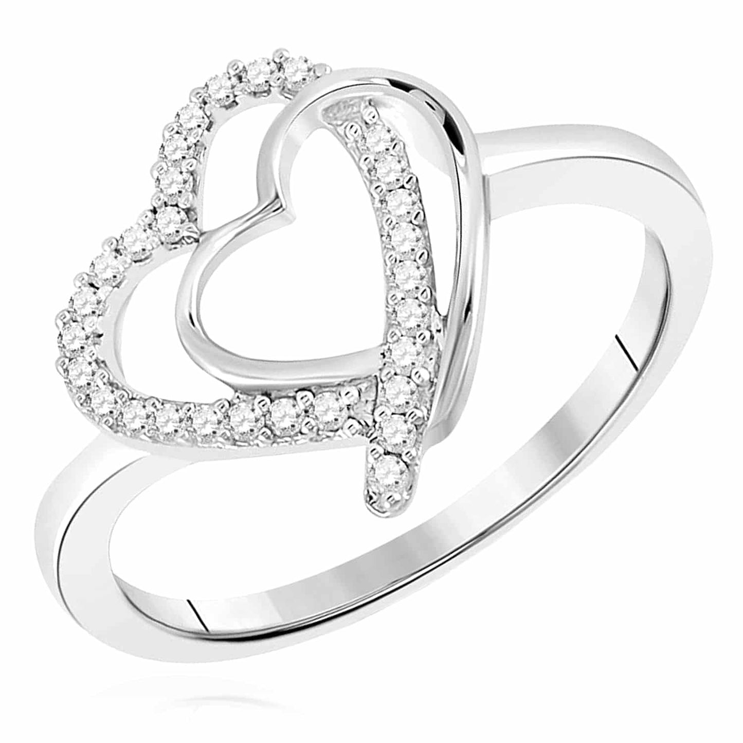 0.15CTW Real Diamond Sterling Silver Double Heart Cocktail Ring Size 7