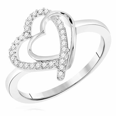0.15CTW Natural Diamond Sterling Silver Double Heart Cocktail Ring Size 7 - WJD Exclusives