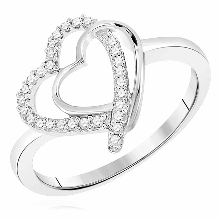 0.15CTW Natural Diamond Sterling Silver Double Heart Cocktail Ring Size 7 - WJD Exclusives