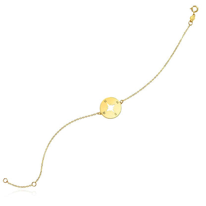 14K Real Gold Yellow North Star Round Disc Charm Cable Bracelet 6.25"-7" Adjustable