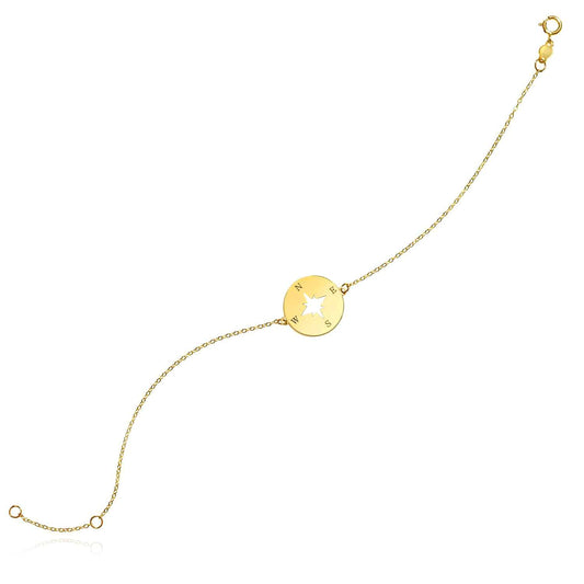 14K Real Gold Yellow North Star Round Disc Charm Cable Bracelet 6.25"-7" Adjustable
