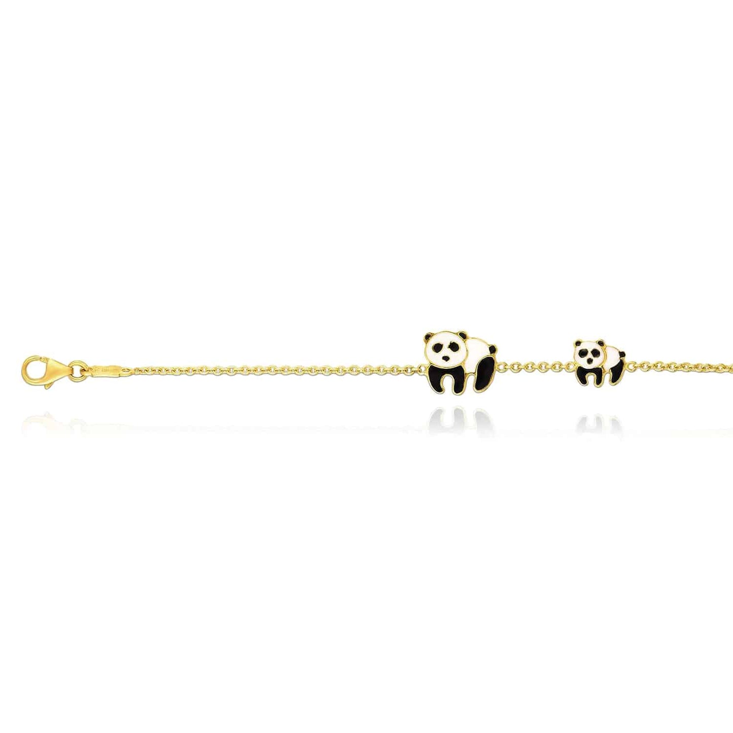 Kids 14K Real Gold Yellow Enamel Cable Two Pandas Bracelet 6"