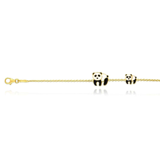 Kids 14K Real Gold Yellow Enamel Cable Two Pandas Bracelet 6"