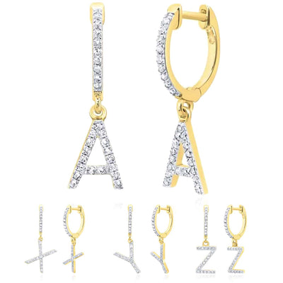 0.25CTW Natural Diamond 10K Yellow Gold Initial Letter Dangling Earrings 23mm - WJD Exclusives