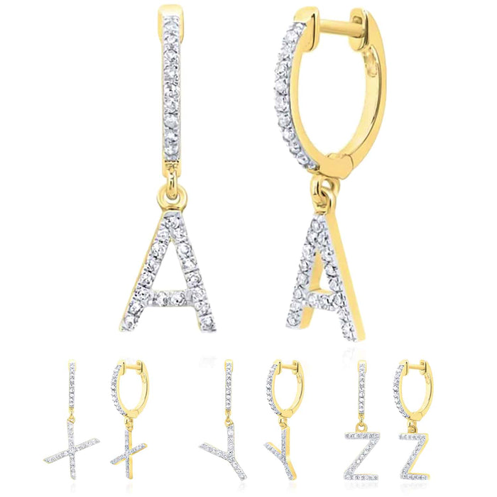 0.25CTW Natural Diamond 10K Yellow Gold Initial Letter Dangling Earrings 23mm - WJD Exclusives