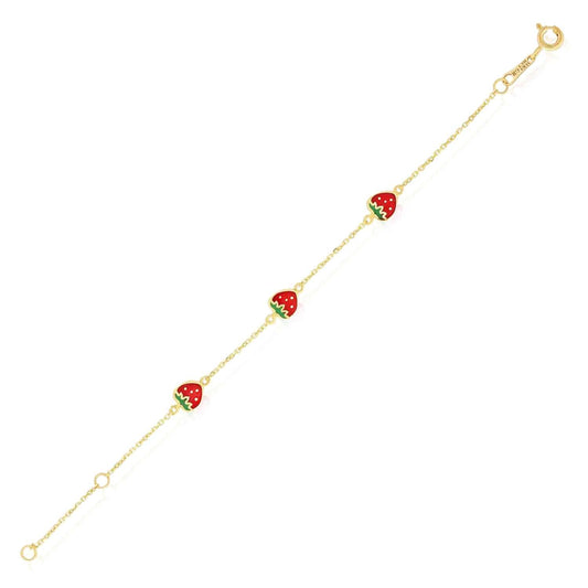 Kids 14K Real Gold Yellow Enamel Strawberry Cable Bracelet 4.75"-5.5" Adjustable