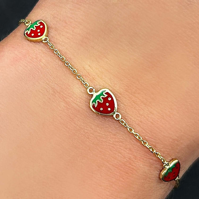 Kids 14K Yellow Gold Enamel Strawberry Cable Bracelet (Solid Links) 4.75" - 5.5" Adjustable - WJD Exclusives