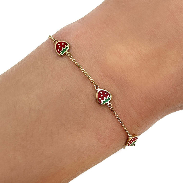 Kids 14K Yellow Gold Enamel Strawberry Cable Bracelet (Solid Links) 4.75" - 5.5" Adjustable - WJD Exclusives