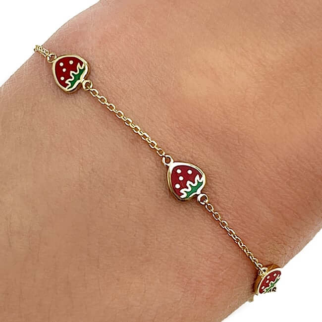 Kids 14K Yellow Gold Enamel Strawberry Cable Bracelet (Solid Links) 4.75" - 5.5" Adjustable - WJD Exclusives
