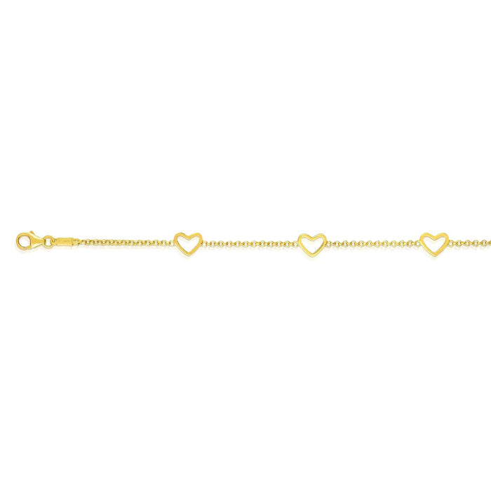 Kids 14K Yellow Gold Open Heart Charm Cable Bracelet (Solid Links) 6" - WJD Exclusives